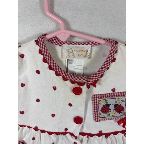 Celebrity Kids Baby Girls Ladybug Dress Size 12M With Gingham Trim & Pockets - Picture 2 of 8